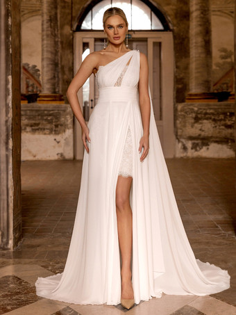 ボヘミアンウェディングドレス シフォンレース ツーピース トレーン付き ナチュラルウエスト ジッパー ノースリーブ デザインネックライン アイボリー