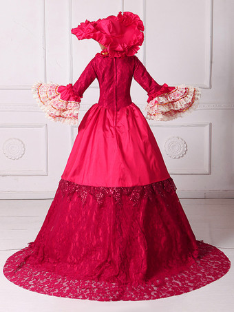 ブラック レトロ コスチューム レディース 花柄 マリー アントワネット コスチューム フリル レース ポリエステル セット ドレス 帽子 レトロ 18世紀 コスチューム バーガンディ