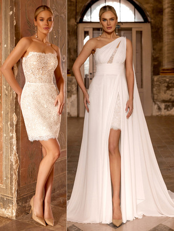 アイボリーボヘミアンウェディングドレス シフォンレース ツーピース トレーン付き ナチュラルウエスト ジッパー ノースリーブ デザインネックライン アイボリー