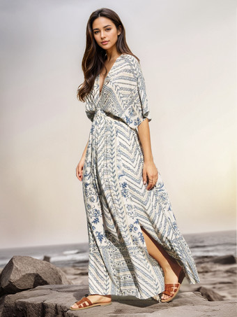 2025年レディース向けハイスリット入りボヘミアンプリントマキシドレス