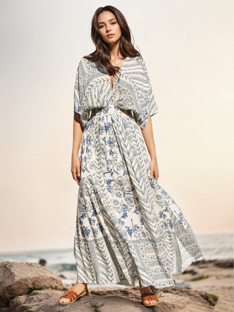 ホワイト 2025年レディース向けハイスリット入りボヘミアンプリントマキシドレス