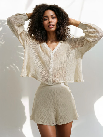 アプリコットアプリコット色のニットツーピースコーデセット（レディース用、長袖Vネックトップスとショートパンツ、2025年）