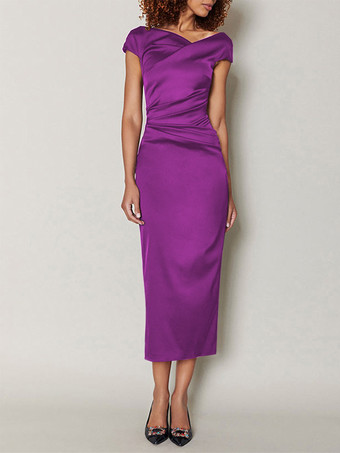 プラムマザードレス デザインネックライン 半袖 Aライン プリーツ ティーレングス ウェディングゲストドレス