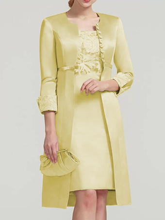 スイセン色ブライダルマザードレス レース ジュエルネック 膝丈 ウェディングゲスト ツーピースドレス