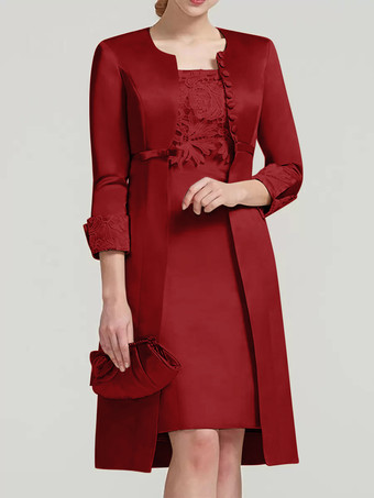 バーガンディーブライダルマザードレス レース ジュエルネック 膝丈 ウェディングゲスト ツーピースドレス