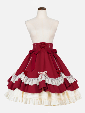 ワインレッド スチームパンクロリータSKブラックリボンレースロリータスカート