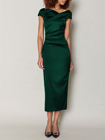 ダークグリーンマザードレス デザインネックライン 半袖 Aライン プリーツ ティーレングス ウェディングゲストドレス