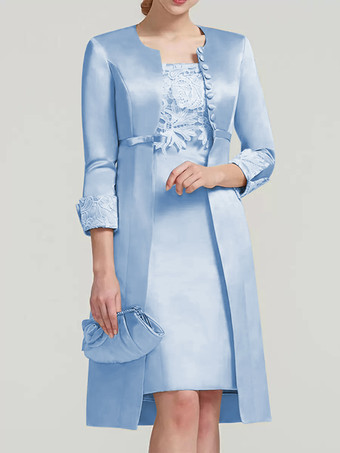 ベビーブルーブライダルマザードレス レース ジュエルネック 膝丈 ウェディングゲスト ツーピースドレス