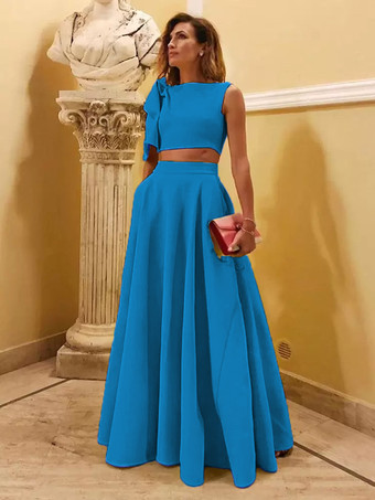オーシャンブルーイブニングドレス ボールガウン デザインネックライン フロアレングス ノースリーブ ジッパー リボン ストレッチ クレープ フォーマル パーティードレス