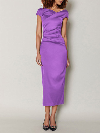 ラベンダーマザードレス デザインネックライン 半袖 Aライン プリーツ ティーレングス ウェディングゲストドレス