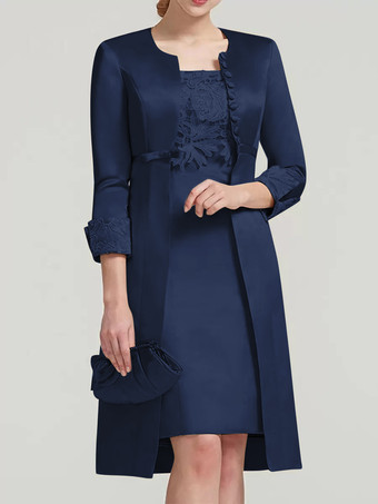ダークネイビーブライダルマザードレス レース ジュエルネック 膝丈 ウェディングゲスト ツーピースドレス