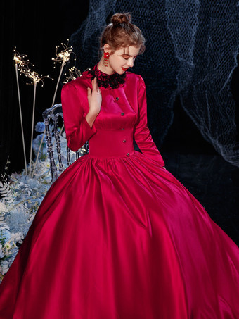 ロココビクトリア朝のレトロなコスチュームドレス赤いレースの綿のコスプレコスチュームカーニバル バーガンディ