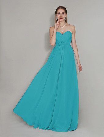 ティールブライズメイドドレス エンパイアライン フォーマルドレス シフォン ブルーのブライズメイドドレス バックレス ノースリーブ お呼ばれ 二次会 結婚式 Aライン ハートカットネック アクアグリーン ロング丈 演奏会 ウェディング ウェディングパーティードレス