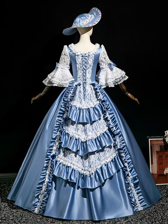 ライトスカイブルーレトロコスチューム女性のフリルポリエステルマリーアントワネットコスチュームドレスユーロスタイルヴィンテージ服