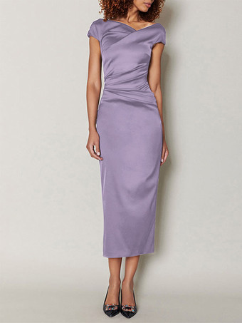 ライラックマザードレス デザインネックライン 半袖 Aライン プリーツ ティーレングス ウェディングゲストドレス