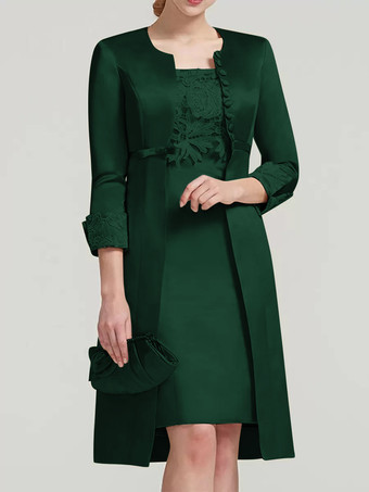 ダークグリーンブライダルマザードレス レース ジュエルネック 膝丈 ウェディングゲスト ツーピースドレス