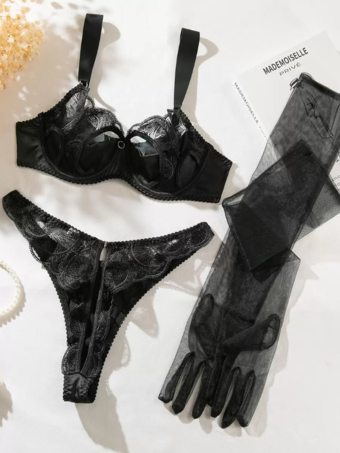 刺繍入りランジェリー セクシー ブラック 3ピース ブラ パンティ グローブ セット