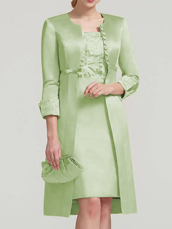 パステルグリーンブライダルマザードレス レース ジュエルネック 膝丈 ウェディングゲスト ツーピースドレス