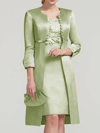 セージグリーンブライダルマザードレス レース ジュエルネック 膝丈 ウェディングゲスト ツーピースドレス