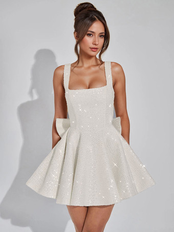 ホワイト スパンコールミニドレス（リボンバックスクエアネックAライン）レディース誕生日パーティードレス 2025