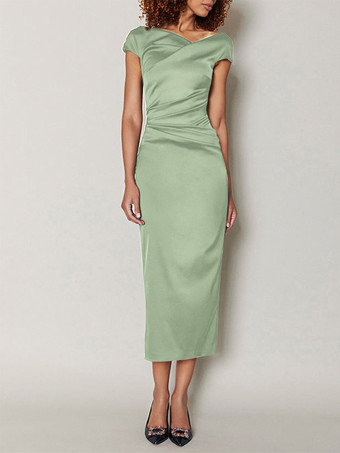 パステルグリーンマザードレス デザインネックライン 半袖 Aライン プリーツ ティーレングス ウェディングゲストドレス