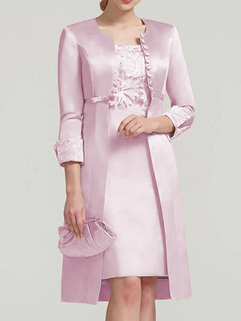 ソフトピンクブライダルマザードレス レース ジュエルネック 膝丈 ウェディングゲスト ツーピースドレス