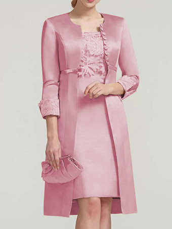 サーモンピンクブライダルマザードレス レース ジュエルネック 膝丈 ウェディングゲスト ツーピースドレス