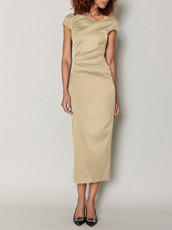 ベージュ マザードレス デザインネックライン 半袖 Aライン プリーツ ティーレングス ウェディングゲストドレス