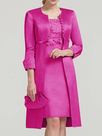 ローズレッドブライダルマザードレス レース ジュエルネック 膝丈 ウェディングゲスト ツーピースドレス