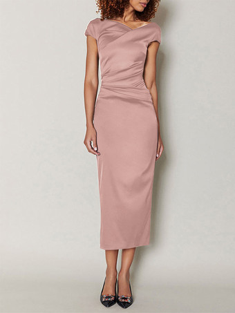 サーモンピンクマザードレス デザインネックライン 半袖 Aライン プリーツ ティーレングス ウェディングゲストドレス