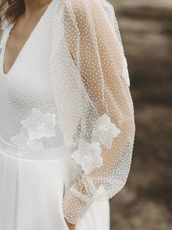 ホワイトブライダルジャンプスーツ シフォンフリル フロアレングスジャンプスーツ デザインネックライン 長袖 ナチュラルウエスト アイボリー