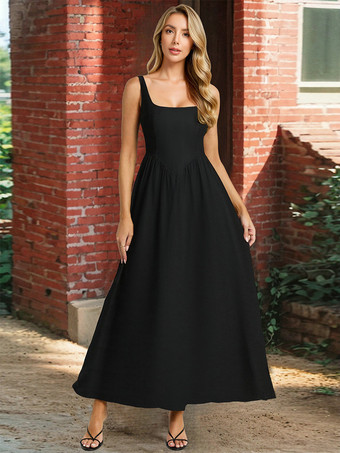 ブラック マキシドレス スクエアネック ノースリーブ サマードレス レディース 2025