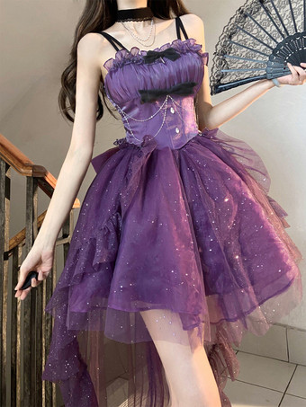 パープル ゴシック ロリータ ドレス フリル リボン パープル 姫ロリータ JSK