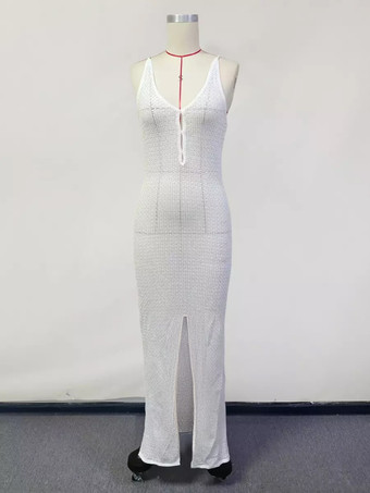 フロントハイスリット入りクロシェVネックマキシドレス 2025