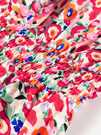 花柄半袖ディープVネックロングボヘミアンドレス 2025