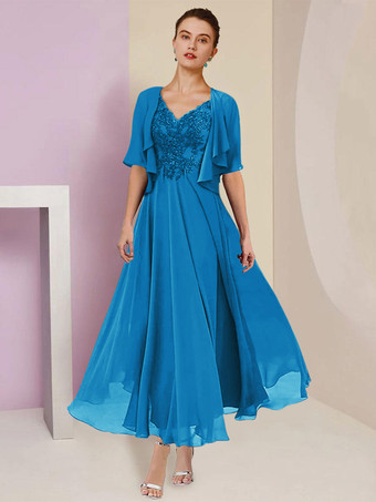 ティールマザードレス Vネック 半袖 Aライン レース ティーレングス ウェディングゲストドレス 無料カスタマイズ