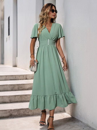 グリーン Vネックとフリル裾のグリーンの半袖ミディドレス 2025