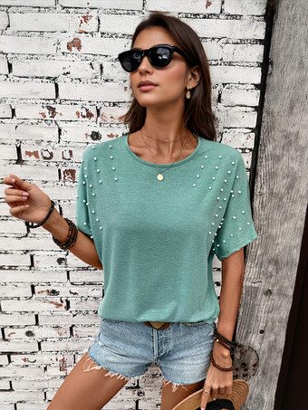 グリーン 緑のコウモリ袖ビーズTシャツ、複雑なレースのバックディテール 2025