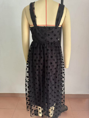 ドット柄パーティードレス シースルーウエスト Aライン ミディ丈 スリップドレス レディース 2025