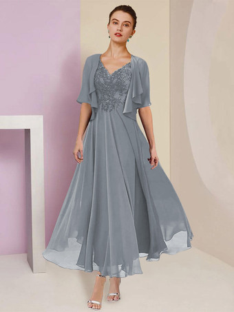 スレートグレー マザードレス Vネック 半袖 Aライン レース ティーレングス ウェディングゲストドレス 無料カスタマイズ