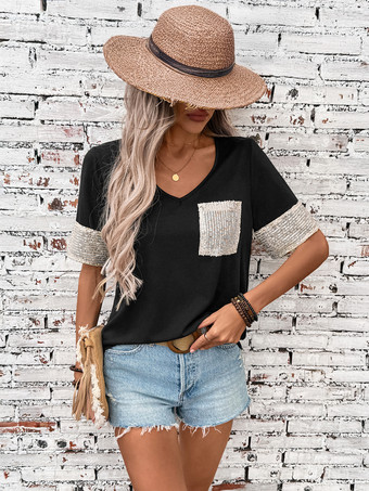 ブラック キラキラ袖とフロントポケット付きVネックTシャツ 2025
