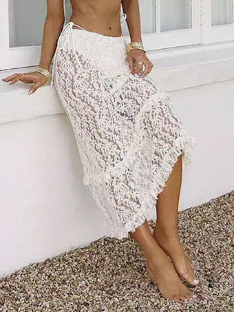 ホワイト 2025年夏のビーチにぴったりのレースロングスカートカバーアップ