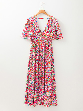 花柄半袖ディープVネックロングボヘミアンドレス 2025