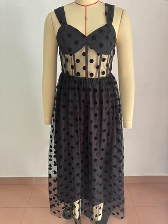 ドット柄パーティードレス シースルーウエスト Aライン ミディ丈 スリップドレス レディース 2025