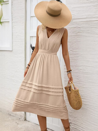 アプリコットエレガントなノースリーブVネックミディドレス（アプリコット）レディース 2025