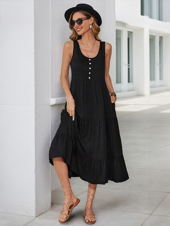 ブラック レディース向けブラックノースリーブミディ丈シフトドレス 2025