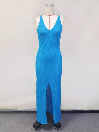 ライトスカイブルーフロントハイスリット入りクロシェVネックマキシドレス 2025