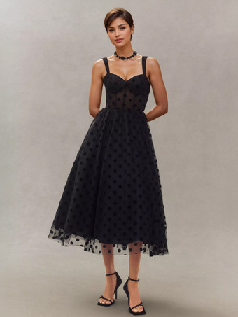 ブラック ドット柄パーティードレス シースルーウエスト Aライン ミディ丈 スリップドレス レディース 2025