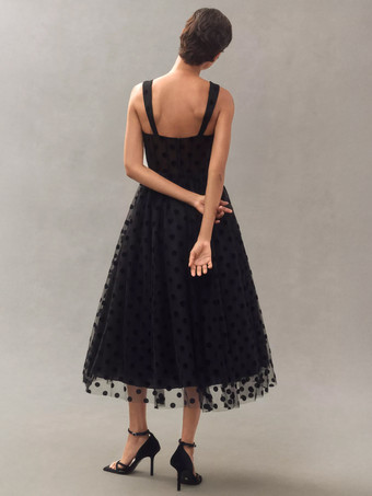 ドット柄パーティードレス シースルーウエスト Aライン ミディ丈 スリップドレス レディース 2025