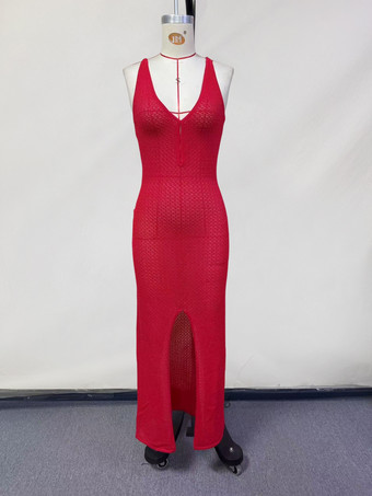 レッド フロントハイスリット入りクロシェVネックマキシドレス 2025